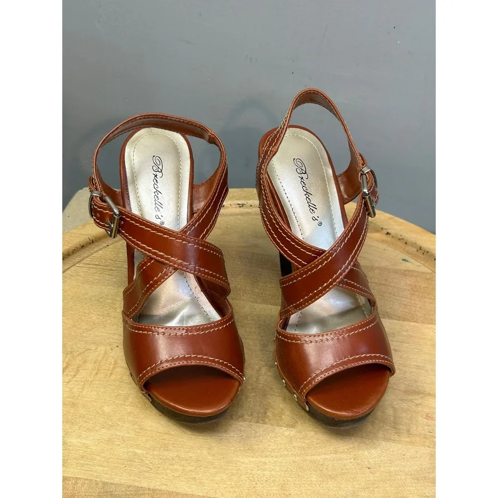 Breckelle's Platform Sandals Womens 5.5 Brown Odyssey-07 Cognac Stiletto Studded